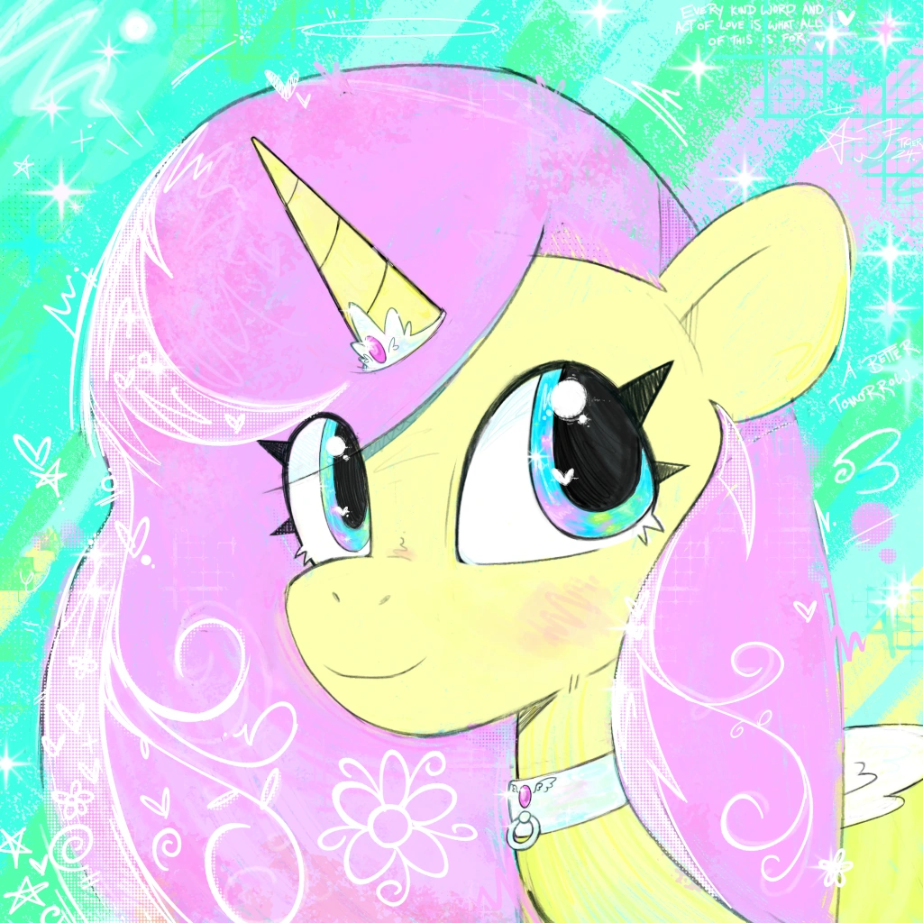 A square avatar picture of Princess Silky Shine, a yellow-furred, pink-maned alicorn pony with glowing, nature-inspired patterns throughout her mane. She wears a collar with a ring and a pink gem inlaid, colored like a pastel aurora. Her crown appears to be worn on her horn, and has its own pink gem inlaid. She's smiling at you, and hopes that her webpage is working well with your screen reader!